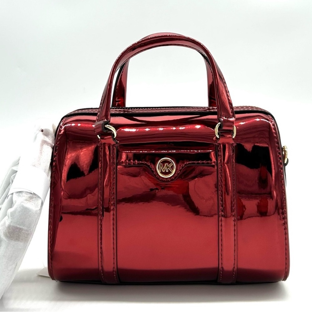 Michael Kors Jet Set Small Patent Duffel Crossbody Bag Cherry